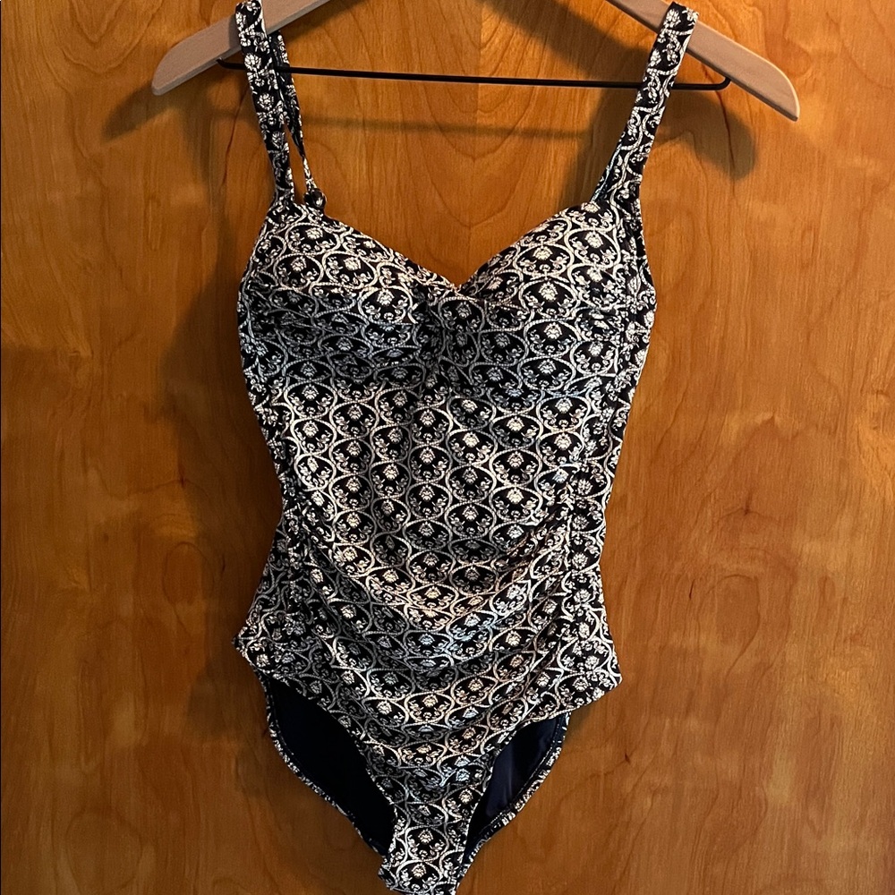 Stylish Navy and White Floral Pattern One Piece Swimsuit